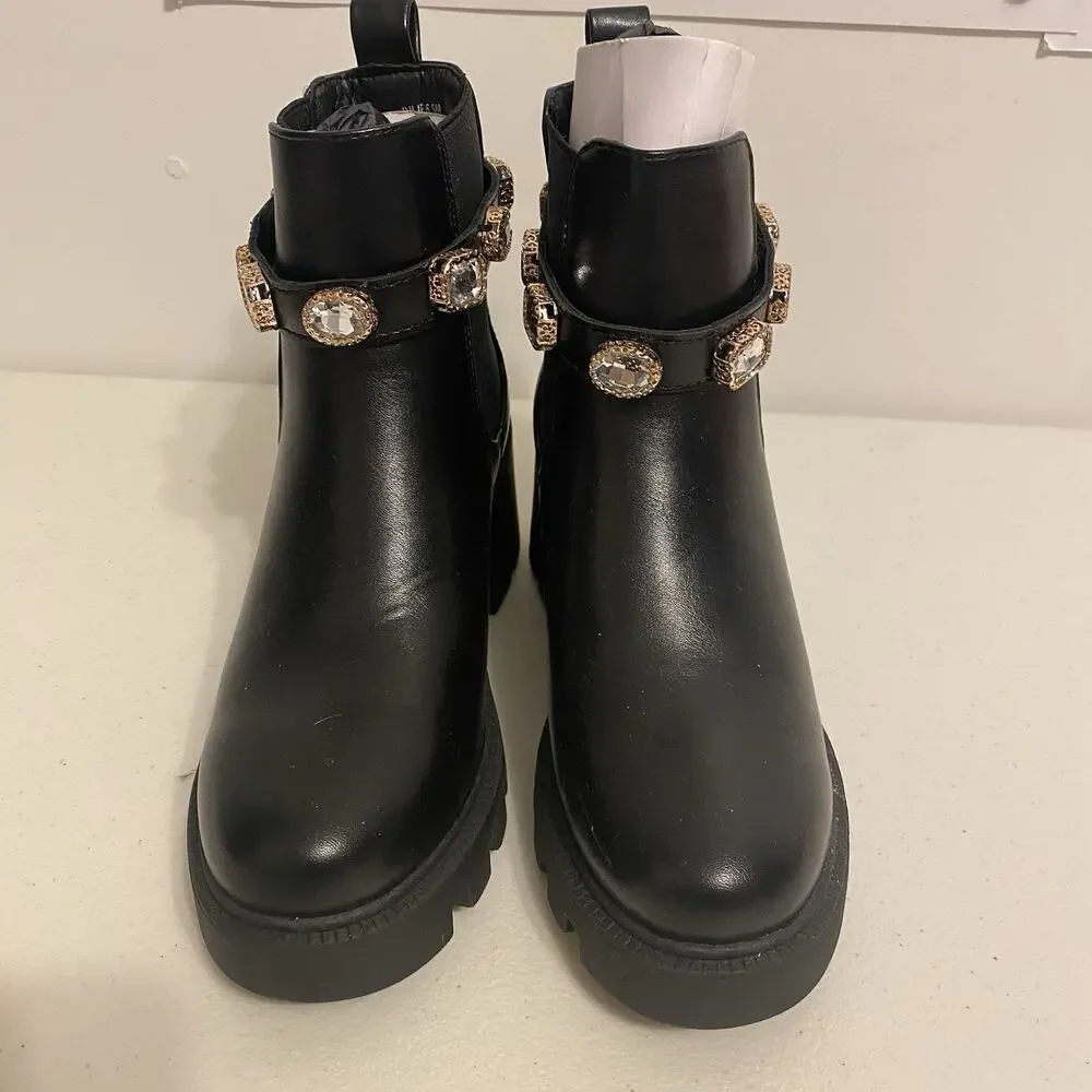 CUSHIONAIRE Julie Women 6.5M Chunky Combat Boots Black Jeweled strap Clubwear